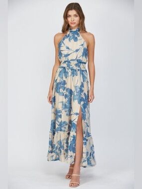 FATE Twilight Bloom Floral Halter Maxi Wedding Guest Dress Open Back Blue N